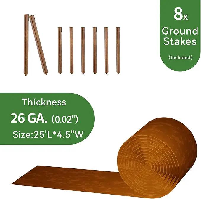 Worth Galvanized Steel Landscape Edging 4.5" x25' Metal Garden Edging Roll Flexible Bender Border with 8Pcs Stakes for Lawn, Flower Bed Edges, Rust-Like Color, photo 2 of 6