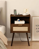 Rattan Nightstand with Outlet,Modern Bedside Table with Storage Drawer and Open Wood Shelf, for Living Room, Bedroom and Small Spaces, Accent Night Stand with Solid Wood Legs,Walnut Brown by CozyNest Decor
