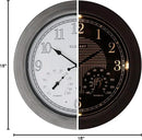 CLXEAST 18 Inch Farmhouse Illuminated Outdoor Atomic Wall Clock with Thermometer & Hygrometer Combo, Night Lighted Wall Clock with Smart Sensor, Weather Stations,Brushed Grey Oak Finish by CozyNest Decor