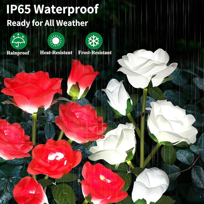 Solar Garden Lights, Solar Outdoor Lights with More Realistic 20 Rose Waterproof Solar Powered Flowers Lights for Outside Patio Yard Pathway Decorations, White and Red, photo 3 of 7