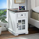 Farmhouse XXL End Table with Charging Station, Side Table with USB Ports and Outlets, Nightstand with Drawer and Glass Door Storage, White Bedside Tables for Living Room, Bedroom, Office by CozyNest Decor