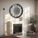 24 Inch Industrial Steampunk Wall Clock, Oversized Solid Wood Frame, Battery Operated, Large Wall Clock with Real Rotating Gears, Gray