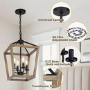 4 Light Farmhouse Chandelier, Rustic Ceiling Light Lantern Light Fixture with Wood Painted Metal Cage and Adjustable Chain, E12 Base Geometric Hanging Light Fixture for Entryway, Kitchen, Indoor by CozyNest Decor