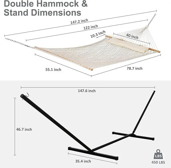 SUNCREAT Double Outdoor Hammock with Stand Included, Portable Cotton Rope 2 Person Hammock for Outdoor, Patio, Garden, Backyard, Beige, photo 6 of 7