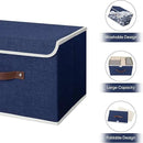 ANMINY Storage Bin with Lid Storage Boxes with PU Leather Handles PP Plastic Board Decorative Foldable Lidded Cotton Linen Fabric Home Cubes Baskets Closet Organizer Container - Blue, Large Size by CozyNest Decor