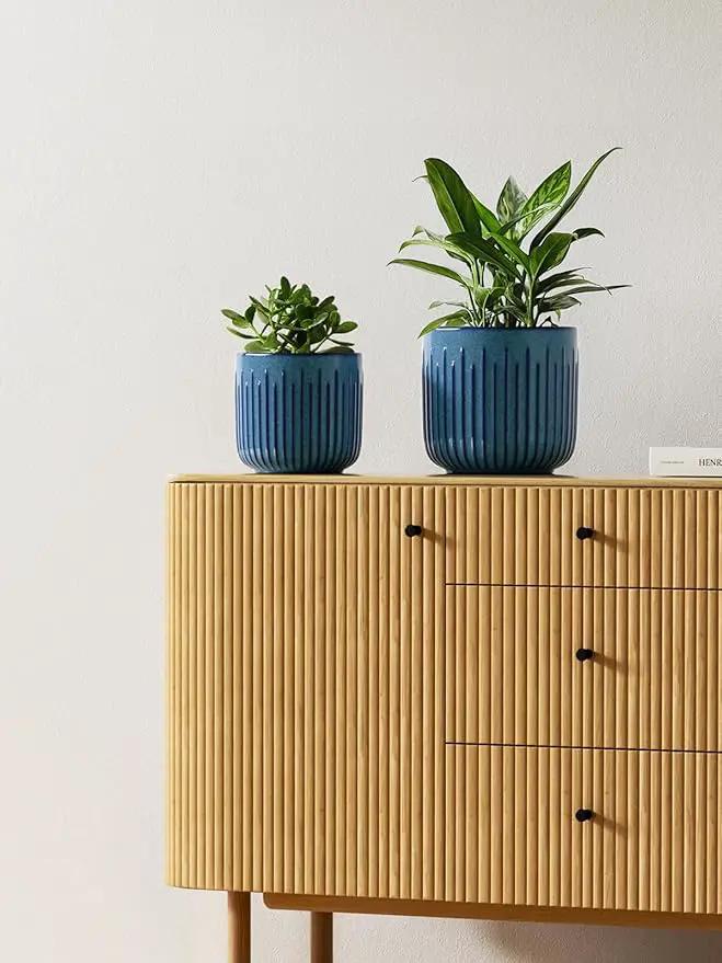 LE TAUCI Ceramic Pots for Plants, 8.3+6.9+5.7 inch Plant Pots Indoor, Flower Pots with Drainage Holes, Medium Cylinder Planters Pot for Indoor House Plants, Set of 3, Glaze Ocean Blue, photo 2 of 9