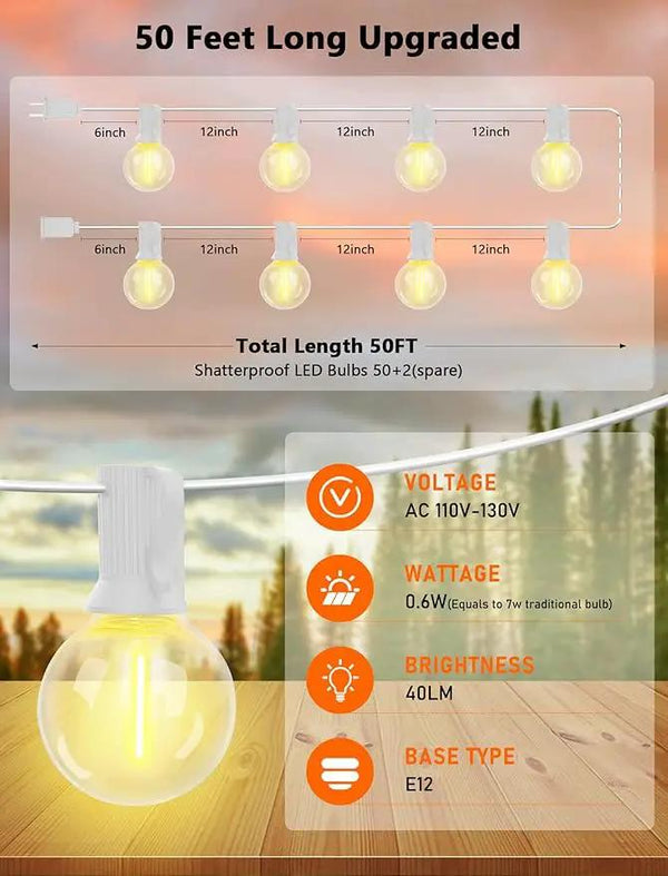 Outdoor LED String Lights 50ft - G40 Edison Bulbs with Clear Plastic Globes, Dimmable Waterproof Commercial Grade Fairy Lights for Wedding/Backyard/Cafe, Indoor Outdoor Party Decoration (Warm White), photo 2 of 9