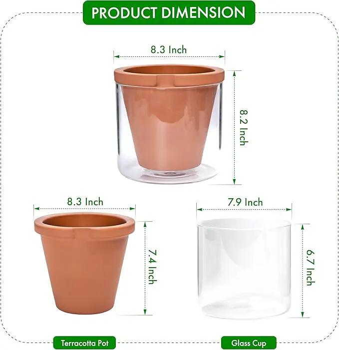 D'vine Dev 8 Inch Design Self Watering Pot for Indoor Plants, Terracotta Planter with Cylinder Glass Cup, 37-X-C-1, photo 2 of 6