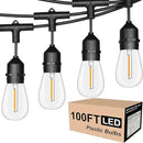 Outdoor String Lights LED 100FT Commercial Grade Heavy Duty Light String Lights with 30 Sockets 32 Shatterproof Plastic Bulbs Include 2 Spare S14 Dimmable Edison Bulbs Patio Market Cafe Light by GreenHaven Gardens