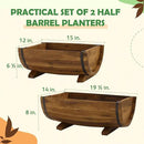 IDZO Solid Acacia Wood Half Barrel Planters Outdoor Set of 2 Different Sizes, Wooden Planters for Outdoor Plants with Metal Bands & Drainage Holes, Legs Included, Brown by CozyNest Decor