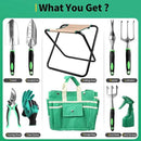 9 PCS All-in-one Garden Tools Set, Heavy Duty Cast-Aluminium Alloy Gardening Tools Kit with Folding Stool Seat&Detachable Canvas Tool Bag , Non-Slip Rubber Grip, Outdoor Hand Tools by GreenHaven Gardens