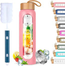 Aqulea Glass Water Bottles 25 Oz with Silicone Sleeve - BPA Free Reusable Wide Mouth Glass Motivational Water Bottles with Fruit Infuser – Leak Proof Borosilicate Water Bottle with Time Marker (Pink) by CozyNest Decor