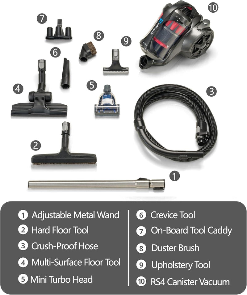 Prolux RS4 Lightweight Bagless Canister Vacuum with HEPA Filtration Premium Button Lock Tools and Automatic Cord Rewind