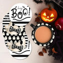 Coaster for Drinks Set of 6, Halloween Hey Boo Cute Ghost Spooky Black White Absorbent Round Ceramic Stone Mat, with Cork Base and Metal Holder, Gift for Housewarming Room Bar Decor by CozyNest Decor
