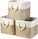 i BKGOO 3Pack Large Foldable Storage Bins，Collapsible Sturdy Cationic Fabric Organizing Storage Basket Cube with Cotton Handles for Home Office Shelf Clothes Toys White-Khaki 13×13×13 inch by CozyNest Decor