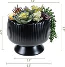 MyGift 8 Inch Modern Green Artificial Succulent Arrangement Potted in Matte Black Fluted Ceramic Round Planter, Decorative Plant Pot with Assorted Faux Mini Succulents by CozyNest Decor