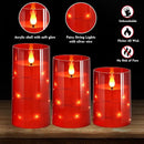 NURADA Flickering Flameless Candles: Built-in Star String Lights Battery Operated LED Pillar Candles with Remote and Timer Romantic Decorations for Wedding Party Christmas Halloween - Red 3 Pack by CozyNest Decor