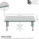 Factory Direct Partners FDP Rectangle Activity School and Classroom Kids Table (36 x 60 inch), Toddler Leg, Adjustable Height 15-24 inches - Gray Top and Green Edge by CozyNest Decor