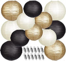 Paper Lanterns Decorative, Black Gold Hanging Round Chinese Lanterns with Lights for Graduation Anniversary Birthday Party 12 LED Light Pack of 12 by CozyNest Decor