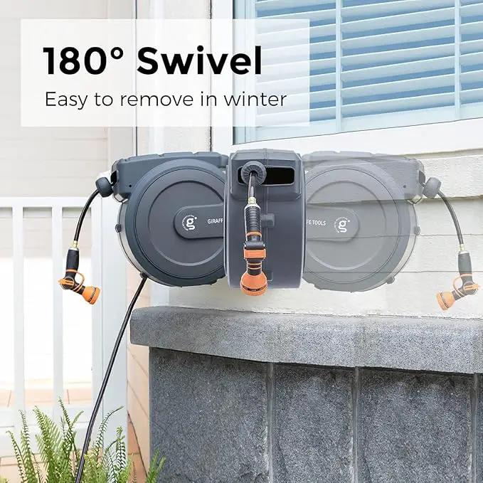 Giraffe Tools Retractable Garden Hose Reel 5/8 inch x 90 ft Hose Reels for Outside, Wall Mounted Water Hose Reel with 180 Deg Swivel Bracket, Any Length Lock, 9 Pattern Hose Nozzle, photo 5 of 6
