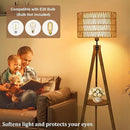 Boho Tripod Floor Lamps for Living Room, Rattan Wood Floor Lamp with Fabric Shades, Mid Century Standing Lamp with Shelf, Foot Switch, Modern Farmhouse Tall Lamps for Bedroom Office Brown by CozyNest Decor
