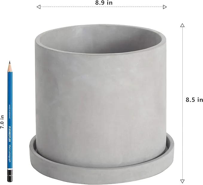 Ekirlin 9 Inch Flower Plant Pot Indoor - Grey Cement Garden Planter Concrete Planter with Drain Hole Saucer, Modern Succulents Containers for Home Decor, Office & Outdoor, photo 3 of 8