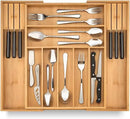 Bamboo Drawer Organizer with Knife Blocks - Silverware Organizer & Utensil Drawer Organizer, Cutlery Tray with Dividers, 7-9 Slots- Premium Kitchen Organizer for Utensils & Flatware (Natural) by CozyNest Decor