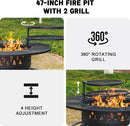 47 Inch Fire Pit with 2 Grills, Outdoor Extra Large Firepits for Outside, Wood Burning Fireplace for Camping,Picnic,Bonfire, 3-in-1 Round Metal Table with Lid for Backyard,Patio,Party by GreenHaven Gardens