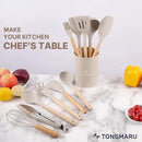 Silicone Cooking Utensils Set, Premium Beech Wood Handle Kitchen Gadgets Utensil Set, Non-Stick Kitchen Utensils Spatula, Tongs, Turner, Whisk, Brush, Spoon, BPA FREE, 446°F Resistant (Khaki) by CozyNest Decor