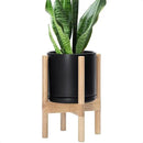 D'vine Dev Ceramic Planter with Natural Stand - 8 Inch Modern Round Flower Pot with Wood Planter Holder, Black, 55-B-N-2 by CozyNest Decor