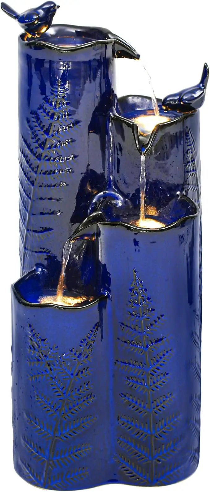 32" H Ceramic Outdoor Water Fountain with LED Lights, 4-Tier Vase Outdoor Fountain, Cobalt Blue Glaze, Embossed Fern Pattern, Cascading Waterfall for Tranquil Garden, Patio, or Porch, photo 2 of 7