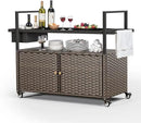 Outdoor Bar Cart with Storage Cabinet, Outdoor Grill Cart with Wheels, Rattan Bar Cart with Tempered Glass Tabletop, Outdoor Buffet Cabinet Table Cart for Mini Bar, BBQ, Food Serving, Brown Wicker by CozyNest Decor