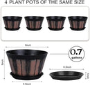 Quarut 8 inch Brown Plastic Whiskey Barrel Plant Pots Set of 4 with Drainage Holes and Saucer for Indoor and Outdoor Garden Home Plants by GreenHaven Gardens