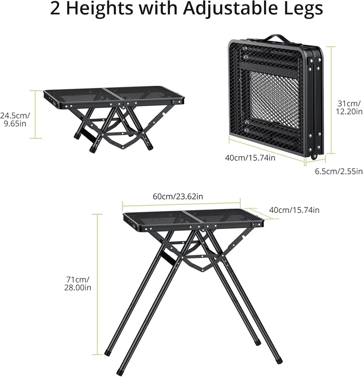 2ft Sturdy Folding Grill Table, Supports 180 Lbs, 2 Adjustable Height 28” Portable Grill Table, Heat-Resistant Tabletop, Folding Metal Table for Camping BBQ Cooking Backyard, 24" X 16", Black, photo 3 of 6