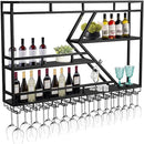 Wall Mounted Wine Rack with Glass Holder, 3-Tier Metal Storage Shelf, Black Diamond Design, Wine Bottle Display with Stemware Storage (Black, 39.37in/Left) by CozyNest Decor