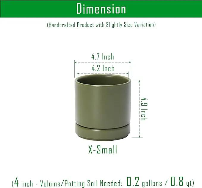 D'vine Dev Set of 4 Small Ceramic Plant Pots, 4.6 Inch Succulent Planter Pot for Plants with Drainage Hole and Saucer, Olive, 94-X-B-0, photo 2 of 7