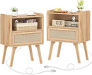 Lerliuo Rattan Nightstands Set of 2 with Charging Station, Boho Night Stand with Handmade Natural Rattan Drawer and Open Shelf, Side End Tables with Solid Wood Legs for Bedroom, Dorm, Small Spaces by CozyNest Decor