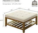 Large Square Ottoman Coffee Table, Linen Solid Upholstered Footrest Ottoman with Solid Wood Shelf Storage Tufted Coffee Table for Bedroom Living Room, Ivory by CozyNest Decor