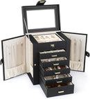 Kendal Jewelry Box, 6-Layer Jewelry Storage Organizer for Necklace Bracelet Rings Watch, 10.2"x8.2"x6" Classic Black PU Leather 5 Drawers Large Storage Capacity with Mirror by TinyTreasures Baby Boutique