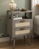 Rattan Nightstand with Charging Station,Modern Bedside Table with 2 Storage Drawer and Open Wood Shelf, for Bedroom and Small Spaces,Night Stand with Solid Wood Legs (Grey Oak) by CozyNest Decor