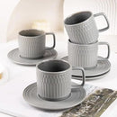 Large Cappuccino Cups with Saucers Set of 4, 8 Ounce Stackable Embossed Ceramic Coffee Mugs for Specialty Coffee Drinks, Latte, Cafe Mocha and Tea, Dishwasher & Microwave Safe (Grey) by CozyNest Decor