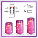 NURADA Flickering Flameless Candles: Built-in Star String Lights 3D Wick Acrylic Battery Operated LED Pillar Candles with Remote and Timer for Table Wedding Centerpieces Party 3 Pack Purple by CozyNest Decor