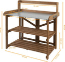 Folding Potting Bench Table,Outdoor Potting Bench Garden Wooden Potting Table,Fir Wood Workstation Planting Table with Galvanized Tabletop,2 Tier Storage Shelves,Top Shelf(Brown) by GreenHaven Gardens