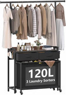 Laundry Sorter Hamper with Hanging Cloth Rack, Laundry Basket with 3 Section Pull-Out Rolling Bags, Laundry Sorter for Organization and Storage with 2 Drawers for Laundry Room (Vinatge Brown) by CozyNest Decor