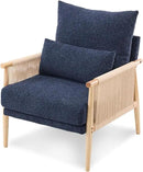 VINGLI Boho Braid Accent Armchair,Mid-Century Modern Chiar with Solid Wooden Armrest,Comfy Louge Cushion Chair with Waist Pillow for Bedroom,Living Room,Reading Room, Blue by CozyNest Decor