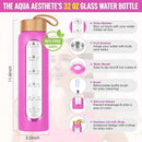 Aqulea Glass Water Bottles 32 Oz with Silicone Sleeve - BPA Free Reusable Wide Mouth Glass Motivational Water Bottles with Fruit Infuser – Leak Proof Borosilicate Water Bottle with Time Marker (Rose) by CozyNest Decor