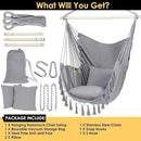 Y- STOP Hammock Chair Hanging Rope Swing, Max 500 Lbs, 2 Cushions Included, Large Macrame Hanging Chair with Pocket for Superior Comfort, with Hardware Kit (Light Grey) by GreenHaven Gardens