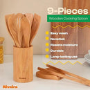 Riveira Cherry Wooden Spoons for Cooking Set of 9 – Natural Cherry Wooden Cooking Utensils, Wooden Spatula, Wooden Spoon - Premium Quality Wooden Utensil Set for Non-Toxic Cooking by CozyNest Decor