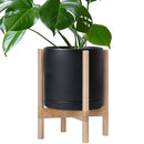 D'vine Dev Ceramic Planter with Natural Stand - 12 Inch Modern Round Flower Pot with Wood Planter Holder, Black, 55-B-J-2 by CozyNest Decor