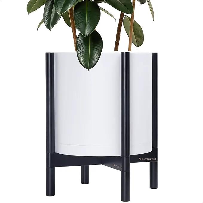 D'vine Dev Planter Pot with Stand - 14 Inch Plastic Cylinder Flower Pot with Wood Planter Holder for Indoor, Matte White Pot + Ebony Stand, 55-C-T-1
